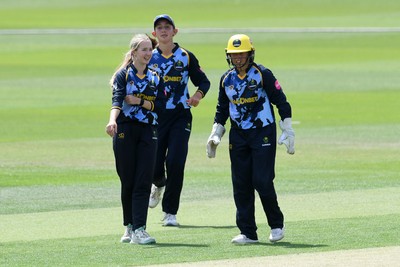 050726 - Glamorgan Women v Worcestershire Rapids Women - Vitality Blast Women League 2 - Amy Griffiths of Worcestershire is stumped by Megan Sturge of Glamorgan Women