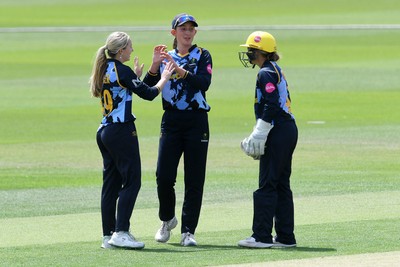 050726 - Glamorgan Women v Worcestershire Rapids Women - Vitality Blast Women League 2 - Amy Griffiths of Worcestershire is stumped by Megan Sturge of Glamorgan Women