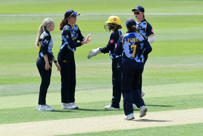 050726 - Glamorgan Women v Worcestershire Rapids Women - Vitality Blast Women League 2 - Amy Griffiths of Worcestershire is stumped by Megan Sturge of Glamorgan Women