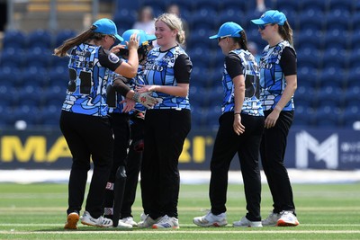 050726 - Glamorgan Women v Worcestershire Rapids Women - Vitality Blast Women League 2 - Amy Griffiths of Worcestershire celebrates with team mates after Megan Sturge of Glamorgan Women is LBW