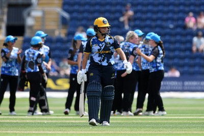 050726 - Glamorgan Women v Worcestershire Rapids Women - Vitality Blast Women League 2 - Amy Griffiths of Worcestershire celebrates with team mates after Megan Sturge of Glamorgan Women is LBW