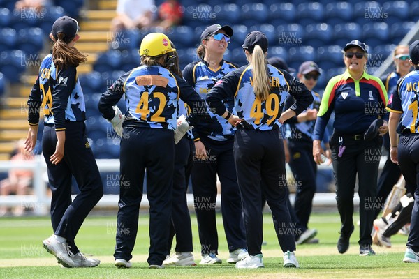 050726 - Glamorgan Women v Worcestershire Rapids Women - Vitality Blast Women League 2 - Glamorgan celebrate as they run out Madison Windeatt of Worcestershire