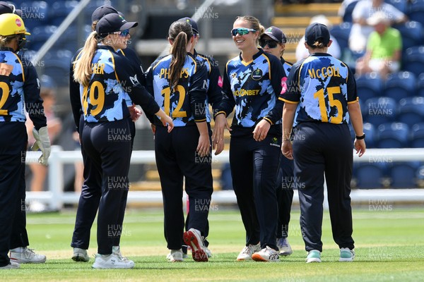 050726 - Glamorgan Women v Worcestershire Rapids Women - Vitality Blast Women League 2 - Glamorgan celebrate as they run out Madison Windeatt of Worcestershire