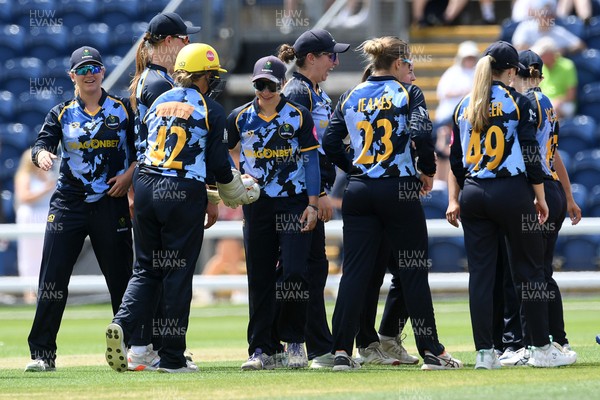 050726 - Glamorgan Women v Worcestershire Rapids Women - Vitality Blast Women League 2 - Glamorgan celebrate as they run out Madison Windeatt of Worcestershire