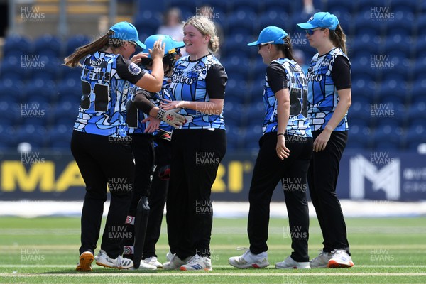 050726 - Glamorgan Women v Worcestershire Rapids Women - Vitality Blast Women League 2 - Amy Griffiths of Worcestershire celebrates with team mates after Megan Sturge of Glamorgan Women is LBW