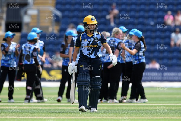 050726 - Glamorgan Women v Worcestershire Rapids Women - Vitality Blast Women League 2 - Amy Griffiths of Worcestershire celebrates with team mates after Megan Sturge of Glamorgan Women is LBW