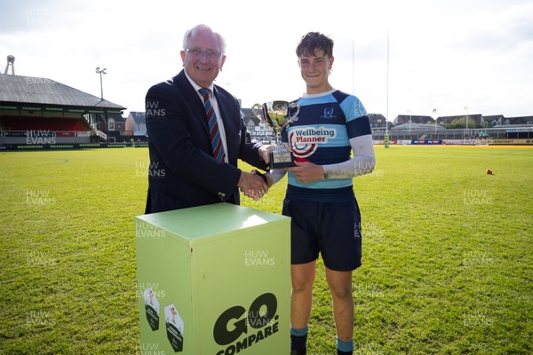 280426 - Glantaf v Y Pant, Boys Year 9 Final - Glantaf captain Will Evans receives the trophy from Roy Bergiers after they win the Boys Year 9 Final
