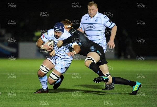 231118 - Glasgow Warriors v Cardiff Blues - Cardiff Blues' George Earle is tackled by Glasgow's Rob Harley � Huw Evans Agency