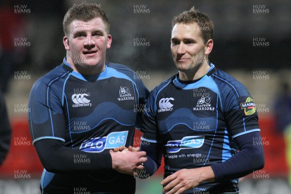 28.11.08 Glasgow Warriors vs. Cardiff Blues. Magners League. Firhill Arena, Glasgow. 
 
Moray Low(L) & Dan Parks congratulate each other following Glasgow's comprerhensive 28-0 defeat over The Cardiff Blues. 
 
