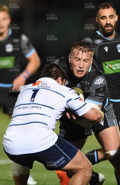 121019 - Glasgow Warriors v Cardiff Blues - Guinness PRO14 -  Matt Fagerson of Glasgow tackled by Brad Thyer of Cardiff 
