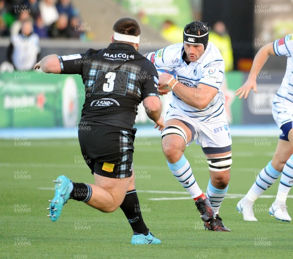 120119 - Glasgow Warriors v Cardiff Blues - Guinness PRO14 -  George Earle of Cardiff looks to drive into Darcy Rae