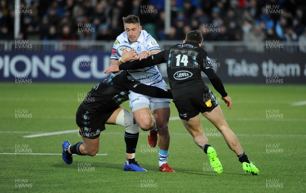 120119 - Glasgow Warriors v Cardiff Blues - Guinness PRO14 -  Harri Millard of Cardiff is unable to break through the tackle of Tommy Seymour