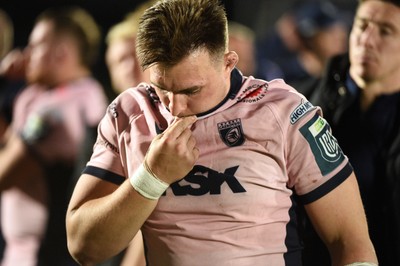 080526 - Glasgow Warriors v Cardiff Rugby - United Rugby Championship - Dejected Taine Basham of Cardiff at full time