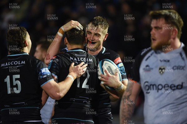 170224 - Glasgow Warriors v Dragons RFC - United Rugby Championship - Stafford McDowall Of Glasgow Warriors celebrates scoring a second half try late in the game