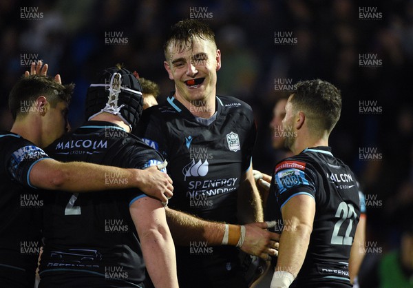 170224 - Glasgow Warriors v Dragons RFC - United Rugby Championship - Stafford McDowall Of Glasgow Warriors is all smiles as he celebrates scoring a second half try late in the game