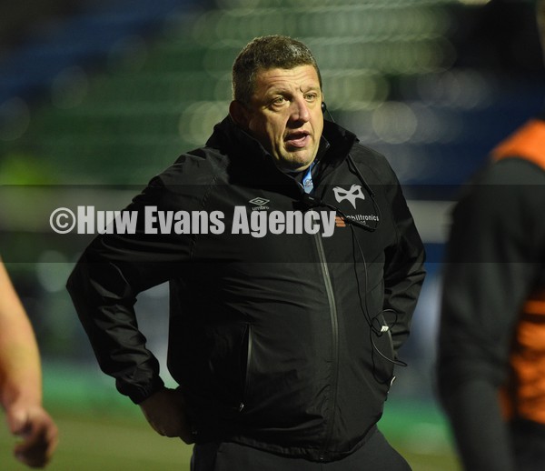 080122 - Glasgow Warriors v Ospreys - United Rugby Championship - Ospreys head coach Toby Booth during pre-match warm up