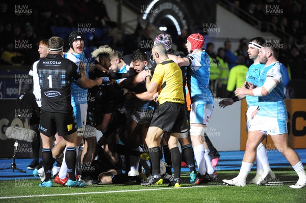 250119 - Glasgow Warriors v Ospreys - Guinness PRO14 -  A mass fight breaks out on the stroke of half time with players spilling off the pitch