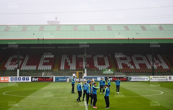 080721 Glentoran v The New Saints, UEFA Europa Conference League First Qualifying Round First Leg -  The New Saints players walk the pitch prior to the UEFA Europa Conference League First Qualifying Round First Leg match between Glentoran and The New Saints at The Oval in Belfast, Northern Ireland