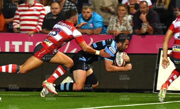 020922 - Gloucester Rugby v Cardiff Rugby - Preseason Friendly - Aled Summerhill of Cardiff scores try