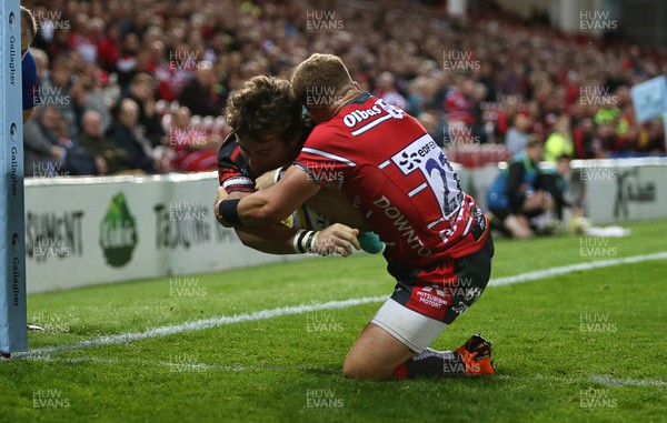 230818 - Gloucester Rugby v Dragons - Pre Season Friendly - Rhodri Williams of Dragons dives over the line to score a try