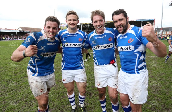 090416 - Gloucester v Newport Gwent Dragons - European Rugby Challenge Cup Quarter Final - Elliot Dee, Hallam Amos, Tyler Morgan and Charlie Davies of Newport Gwent Dragons celebrate the win