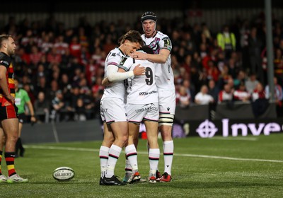 120424 - Gloucester v Ospreys - European Challenge Cup Quarter Final - Keelan Giles of Ospreys celebrates scoring a try with team mates