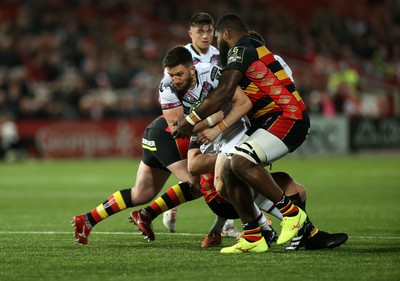 120424 - Gloucester v Ospreys - European Challenge Cup Quarter Final - Owen Williams of Ospreys is tackled by Albert Tuisue of Gloucester 