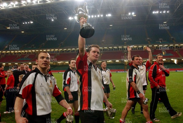 230405 - Glyncoch v Trefil - The Worthington Districts Cup Final -  Trefil captain David Kearney celebrates with the Worthington Districts Cup