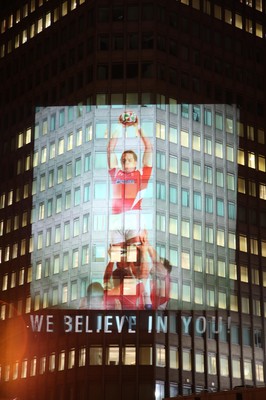 14.10.11 -  Good luck messages are projected onto the side Admiral's offices in Cardiff ahead of Wales' Rugby World Cup Semi Final against France 