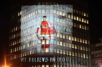 14.10.11 -  Good luck messages are projected onto the side Admiral's offices in Cardiff ahead of Wales' Rugby World Cup Semi Final against France 