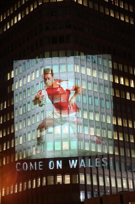 14.10.11 -  Good luck messages are projected onto the side Admiral's offices in Cardiff ahead of Wales' Rugby World Cup Semi Final against France 