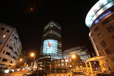 14.10.11 -  Good luck messages are projected onto the side Admiral's offices in Cardiff ahead of Wales' Rugby World Cup Semi Final against France 