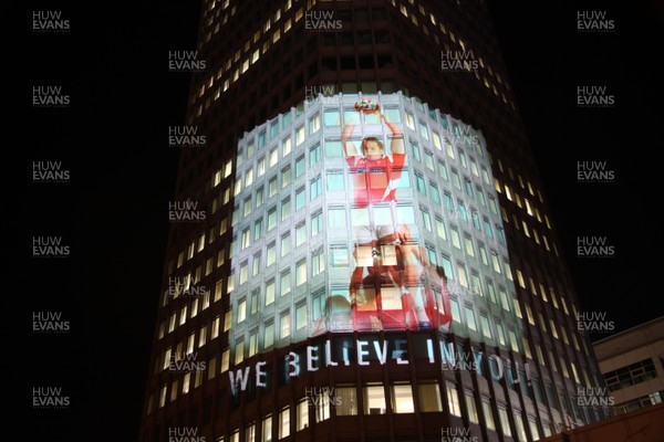 14.10.11 -  Good luck messages are projected onto the side Admiral's offices in Cardiff ahead of Wales' Rugby World Cup Semi Final against France 