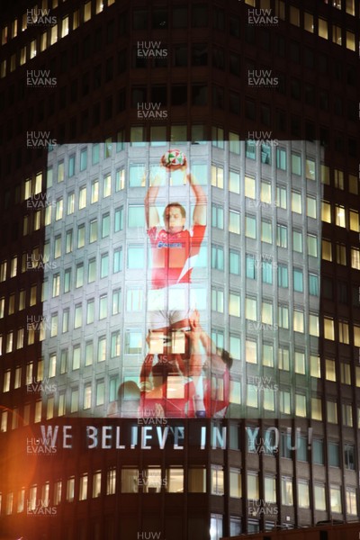 14.10.11 -  Good luck messages are projected onto the side Admiral's offices in Cardiff ahead of Wales' Rugby World Cup Semi Final against France 