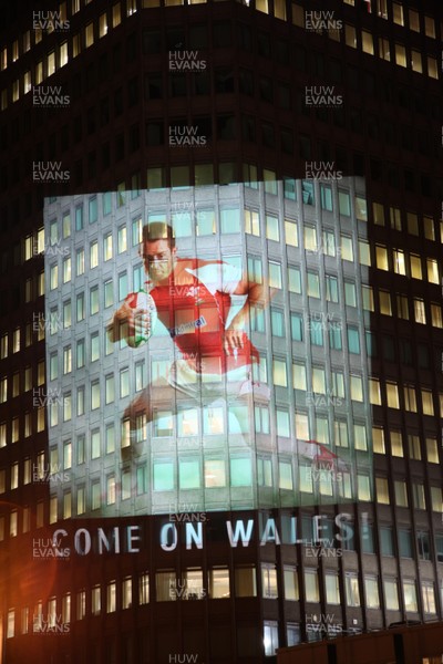 14.10.11 -  Good luck messages are projected onto the side Admiral's offices in Cardiff ahead of Wales' Rugby World Cup Semi Final against France 