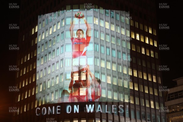 14.10.11 -  Good luck messages are projected onto the side Admiral's offices in Cardiff ahead of Wales' Rugby World Cup Semi Final against France 