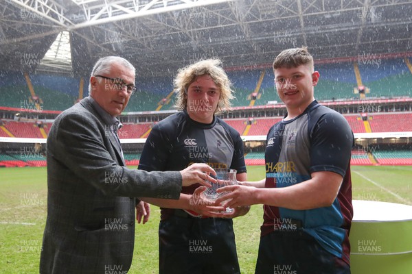 290324 - Gowerton v Cardiff Quins - WRU Boys U18 Bowl Final - Quins captains receive the trophy from Geraint John of the WRU