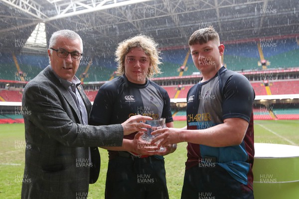 290324 - Gowerton v Cardiff Quins - WRU Boys U18 Bowl Final - Quins joint captains receive the trophy from Geraint John of the WRU