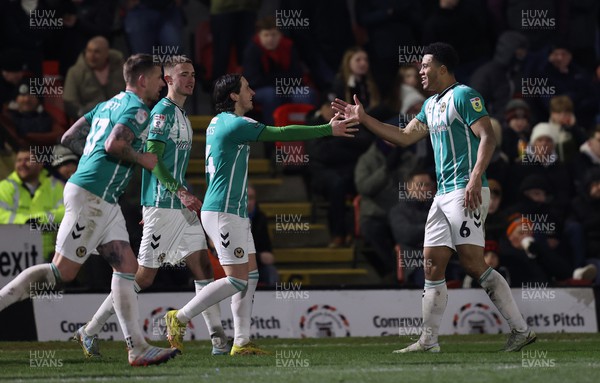 070323 - Grimsby Town v Newport County - Sky Bet League 2 - Priestley Farquharson of Newport County celebrates his goal with Aaron Lewis of Newport County
