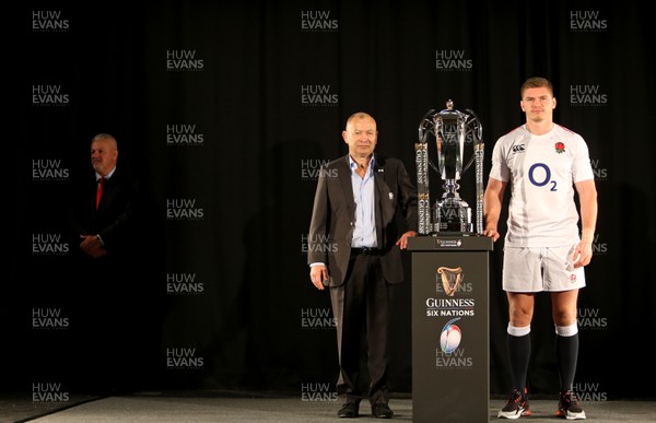 230119 - Guinness 6 Nations Launch at the Hurlingham Club - England Head Coach Eddie Jones and Captain Owen Farrell with Warren Gatland in the background