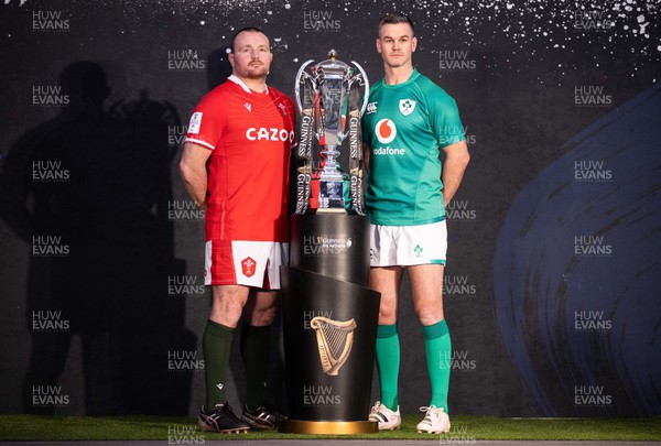 230123 - Guinness 6 Nations Launch at County Hall, London - Wales Captain Ken Owens and Ireland Captain Johnny Sexton at the open photo call with the trophy