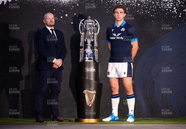 230123 - Guinness 6 Nations Launch at County Hall, London - Scotland Head Coach Gregor Townsend and Scotland Captain Jamie Ritchie at the open photo call with the trophy with the trophy
