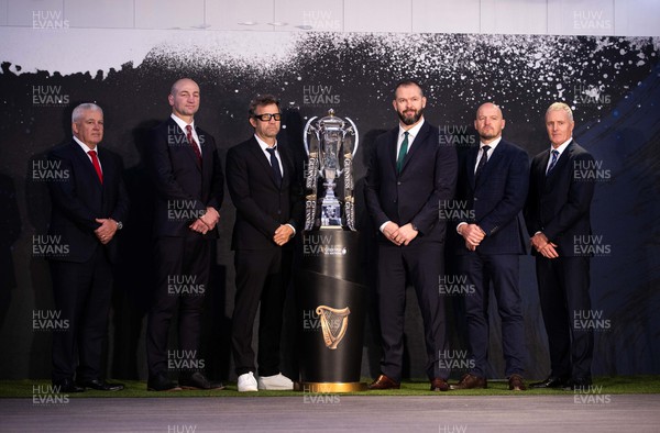 230123 - Guinness 6 Nations Launch at County Hall, London - Wales Head Coach Warren Gatland, England Head Coach Steve Borthwick, France Head Coach Fabien Galthie, Ireland Head Coach Andy Farrell, Scotland Head Coach Gregor Townsend and Italy Head Coach Kieran Crowley at the open photo call with the trophy