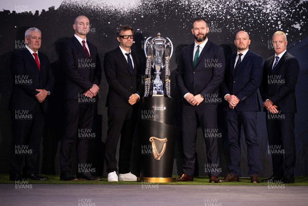 230123 - Guinness 6 Nations Launch at County Hall, London - Wales Head Coach Warren Gatland, England Head Coach Steve Borthwick, France Head Coach Fabien Galthie, Ireland Head Coach Andy Farrell, Scotland Head Coach Gregor Townsend and Italy Head Coach Kieran Crowley at the open photo call with the trophy