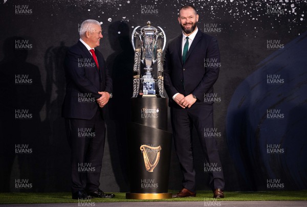 230123 - Guinness 6 Nations Launch at County Hall, London - Wales Head Coach Warren Gatland and Ireland Head Coach Andy Farrell at the open photo call with the trophy