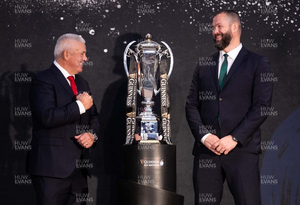 230123 - Guinness 6 Nations Launch at County Hall, London - Wales Head Coach Warren Gatland and Ireland Head Coach Andy Farrell at the open photo call with the trophy