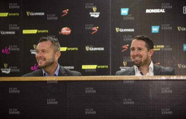 271119 - Guinness PRO14 Media Day - Cardiff City Stadium - Premier Sport's Sean Holley and Shane Williams