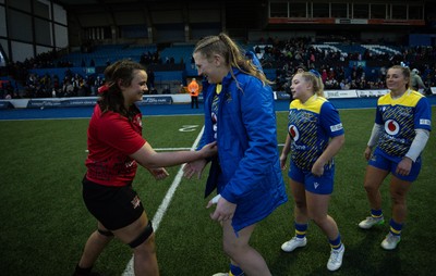 271225 - Gwalia Lightning v Brython Thunder, Celtic Challenge - Branwen Metcalfe of Brython Thunder and Alaw Pyrs of Gwalia Lightning at the end of the match