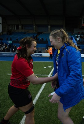 271225 - Gwalia Lightning v Brython Thunder, Celtic Challenge - Branwen Metcalfe of Brython Thunder and Alaw Pyrs of Gwalia Lightning at the end of the match