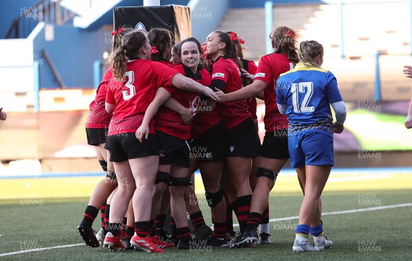 271225 - Gwalia Lightning v Brython Thunder, Celtic Challenge - Gabby Healen of Brython Thunder celebrates team mates after she races in to score try